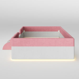 English Elm Twin Corduroy Floor Bed with Padded Guardrails LED Lighting and Built-In Steps Pink+White SF000220AAH