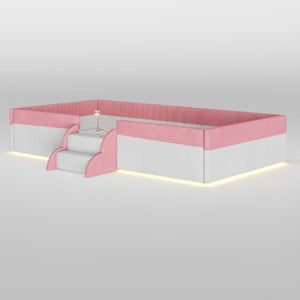 English Elm Twin Corduroy Floor Bed with Padded Guardrails LED Lighting and Built-In Steps Pink+White SF000220AAH