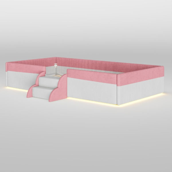 English Elm Twin Corduroy Floor Bed with Padded Guardrails LED Lighting and Built-In Steps Pink+White SF000220AAH