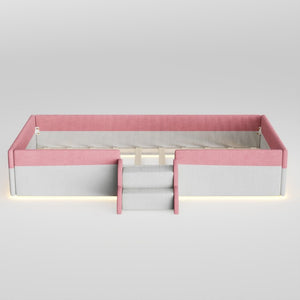 English Elm Twin Corduroy Floor Bed with Padded Guardrails LED Lighting and Built-In Steps Pink+White SF000220AAH
