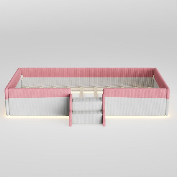 English Elm Twin Corduroy Floor Bed with Padded Guardrails LED Lighting and Built-In Steps Pink+White SF000220AAH