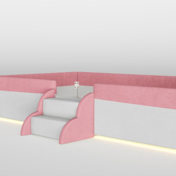 English Elm Twin Corduroy Floor Bed with Padded Guardrails LED Lighting and Built-In Steps Pink+White SF000220AAH