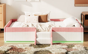English Elm Twin Corduroy Floor Bed with Padded Guardrails LED Lighting and Built-In Steps Pink+White SF000220AAH
