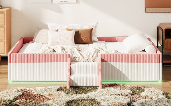 English Elm Twin Corduroy Floor Bed with Padded Guardrails LED Lighting and Built-In Steps Pink+White SF000220AAH