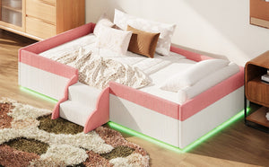 English Elm Twin Corduroy Floor Bed with Padded Guardrails LED Lighting and Built-In Steps Pink+White SF000220AAH
