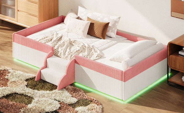 English Elm Twin Corduroy Floor Bed with Padded Guardrails LED Lighting and Built-In Steps Pink+White SF000220AAH