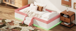 English Elm Twin Corduroy Floor Bed with Padded Guardrails LED Lighting and Built-In Steps Pink+White SF000220AAH