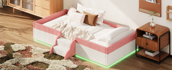 English Elm Twin Corduroy Floor Bed with Padded Guardrails LED Lighting and Built-In Steps Pink+White SF000220AAH