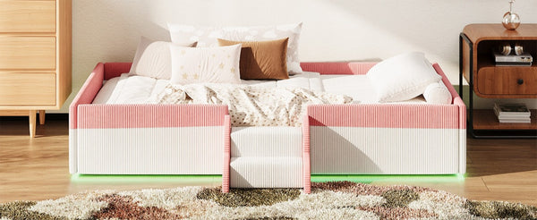 English Elm Twin Corduroy Floor Bed with Padded Guardrails LED Lighting and Built-In Steps Pink+White SF000220AAH