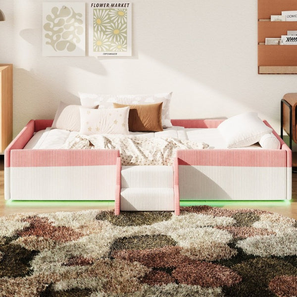 English Elm Twin Corduroy Floor Bed with Padded Guardrails LED Lighting and Built-In Steps Pink+White SF000220AAH