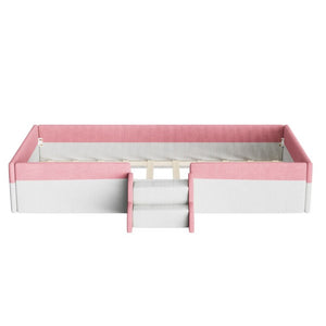 English Elm Twin Corduroy Floor Bed with Padded Guardrails LED Lighting and Built-In Steps Pink+White SF000220AAH