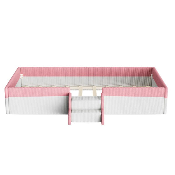 English Elm Twin Corduroy Floor Bed with Padded Guardrails LED Lighting and Built-In Steps Pink+White SF000220AAH