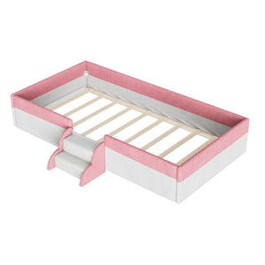 English Elm Twin Corduroy Floor Bed with Padded Guardrails LED Lighting and Built-In Steps Pink+White SF000220AAH