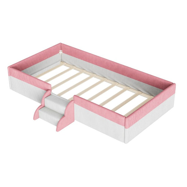 English Elm Twin Corduroy Floor Bed with Padded Guardrails LED Lighting and Built-In Steps Pink+White SF000220AAH