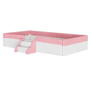 English Elm Twin Corduroy Floor Bed with Padded Guardrails LED Lighting and Built-In Steps Pink+White SF000220AAH