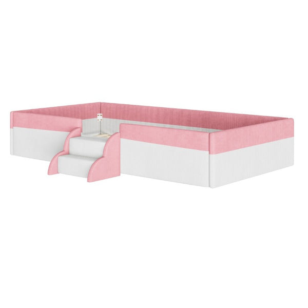 English Elm Twin Corduroy Floor Bed with Padded Guardrails LED Lighting and Built-In Steps Pink+White SF000220AAH