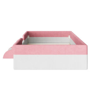 English Elm Twin Corduroy Floor Bed with Padded Guardrails LED Lighting and Built-In Steps Pink+White SF000220AAH
