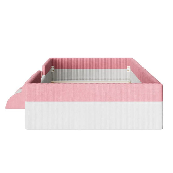 English Elm Twin Corduroy Floor Bed with Padded Guardrails LED Lighting and Built-In Steps Pink+White SF000220AAH