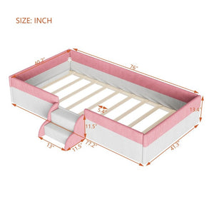 English Elm Twin Corduroy Floor Bed with Padded Guardrails LED Lighting and Built-In Steps Pink+White SF000220AAH