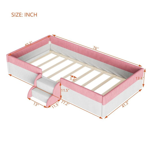 English Elm Twin Corduroy Floor Bed with Padded Guardrails LED Lighting and Built-In Steps Pink+White SF000220AAH