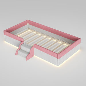English Elm Twin Corduroy Floor Bed with Padded Guardrails LED Lighting and Built-In Steps Pink+White SF000220AAH