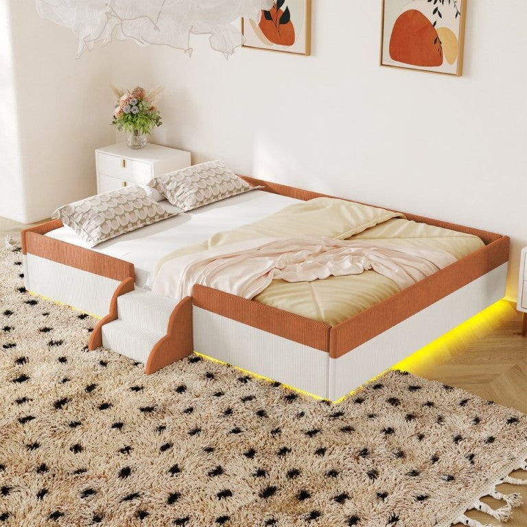 English Elm Full Size Corduroy Floor Bed with Padded Guardrails Steps and LED Underlighting Brown+White SF000221AAD