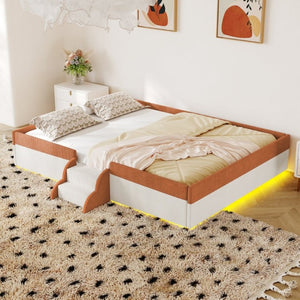 English Elm Full Size Corduroy Floor Bed with Padded Guardrails Steps and LED Underlighting Brown+White SF000221AAD