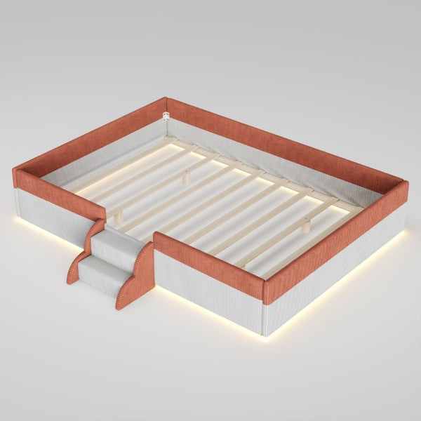 English Elm Full Size Corduroy Floor Bed with Padded Guardrails Steps and LED Underlighting Brown+White SF000221AAD