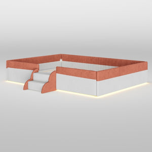 English Elm Full Size Corduroy Floor Bed with Padded Guardrails Steps and LED Underlighting Brown+White SF000221AAD