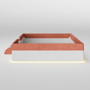 English Elm Full Size Corduroy Floor Bed with Padded Guardrails Steps and LED Underlighting Brown+White SF000221AAD
