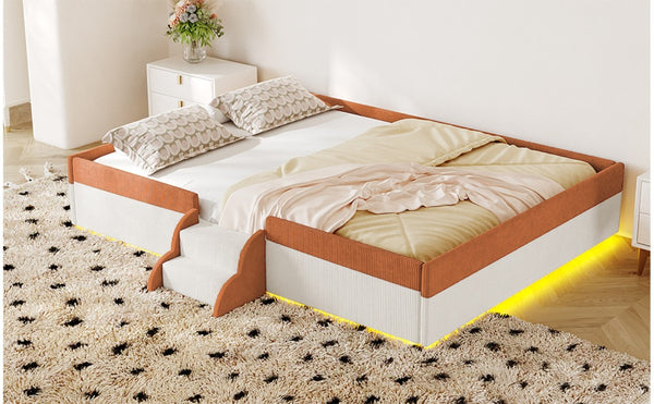 English Elm Full Size Corduroy Floor Bed with Padded Guardrails Steps and LED Underlighting Brown+White SF000221AAD
