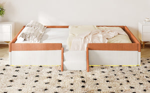 English Elm Full Size Corduroy Floor Bed with Padded Guardrails Steps and LED Underlighting Brown+White SF000221AAD