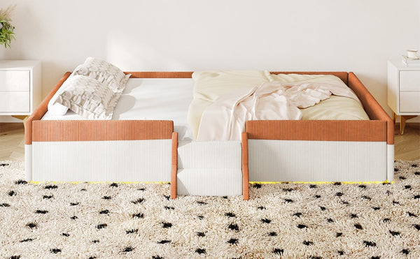 English Elm Full Size Corduroy Floor Bed with Padded Guardrails Steps and LED Underlighting Brown+White SF000221AAD