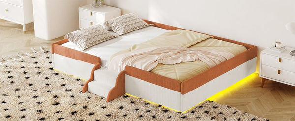 English Elm Full Size Corduroy Floor Bed with Padded Guardrails Steps and LED Underlighting Brown+White SF000221AAD