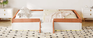 English Elm Full Size Corduroy Floor Bed with Padded Guardrails Steps and LED Underlighting Brown+White SF000221AAD