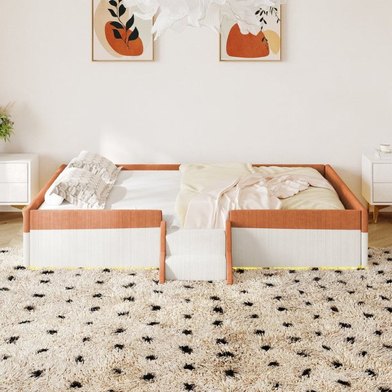 English Elm Full Size Corduroy Floor Bed with Padded Guardrails Steps and LED Underlighting Brown+White SF000221AAD