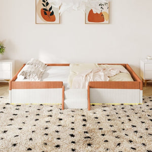 English Elm Full Size Corduroy Floor Bed with Padded Guardrails Steps and LED Underlighting Brown+White SF000221AAD