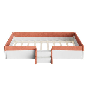 English Elm Full Size Corduroy Floor Bed with Padded Guardrails Steps and LED Underlighting Brown+White SF000221AAD