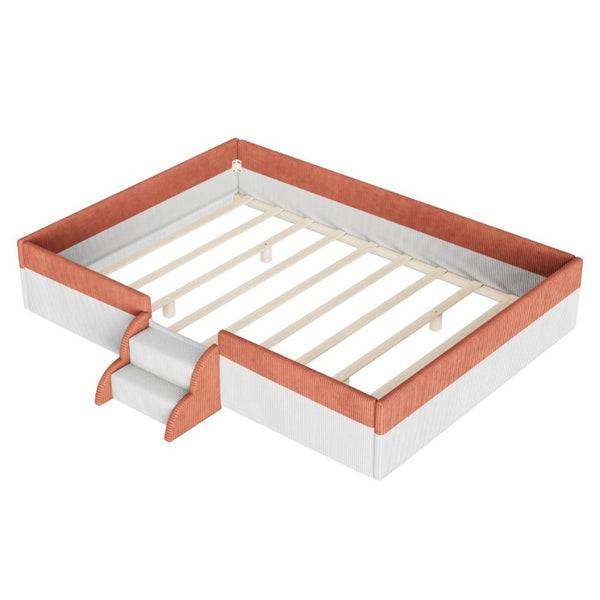 English Elm Full Size Corduroy Floor Bed with Padded Guardrails Steps and LED Underlighting Brown+White SF000221AAD