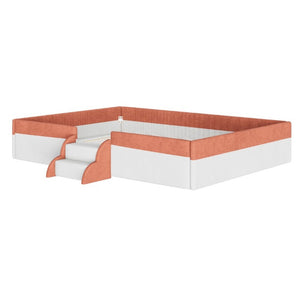 English Elm Full Size Corduroy Floor Bed with Padded Guardrails Steps and LED Underlighting Brown+White SF000221AAD