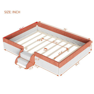 English Elm Full Size Corduroy Floor Bed with Padded Guardrails Steps and LED Underlighting Brown+White SF000221AAD
