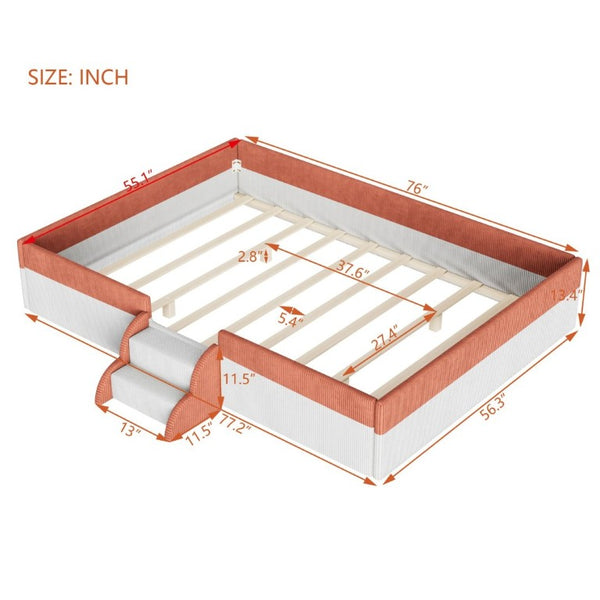 English Elm Full Size Corduroy Floor Bed with Padded Guardrails Steps and LED Underlighting Brown+White SF000221AAD