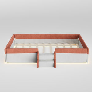 English Elm Full Size Corduroy Floor Bed with Padded Guardrails Steps and LED Underlighting Brown+White SF000221AAD
