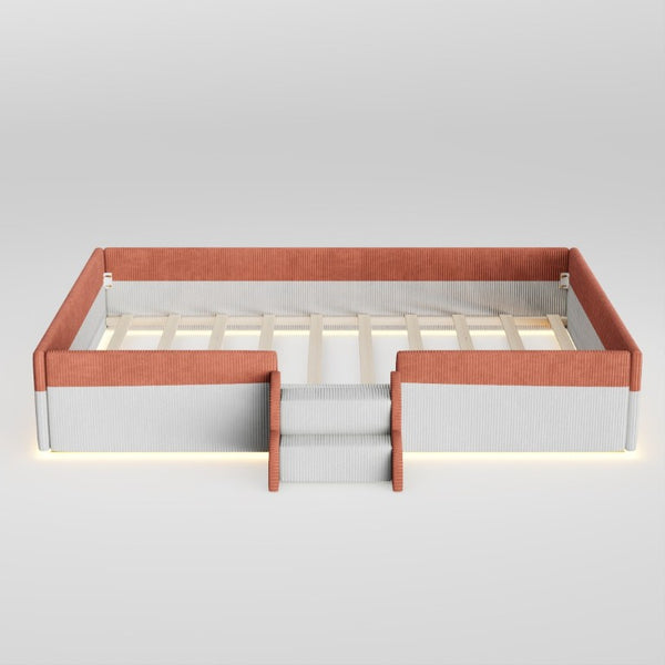 English Elm Full Size Corduroy Floor Bed with Padded Guardrails Steps and LED Underlighting Brown+White SF000221AAD