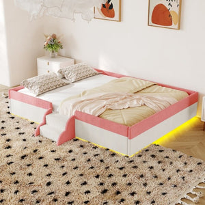 English Elm Full Size Corduroy Floor Bed with Padded Guardrails Steps and LED Underlighting Pink+White SF000221AAH