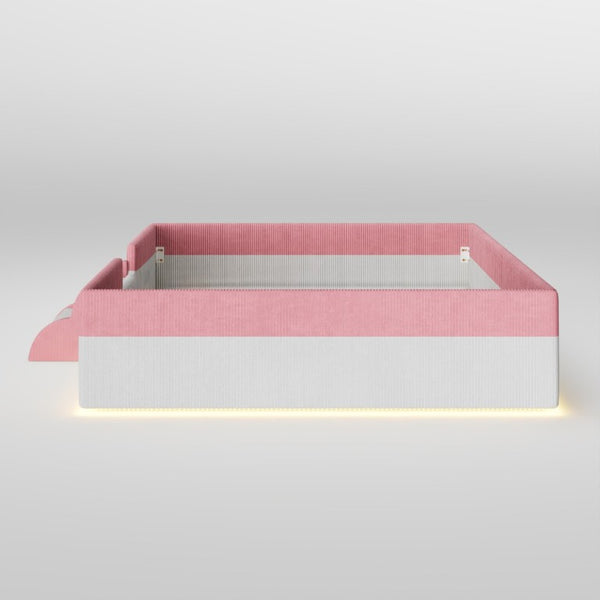 English Elm Full Size Corduroy Floor Bed with Padded Guardrails Steps and LED Underlighting Pink+White SF000221AAH