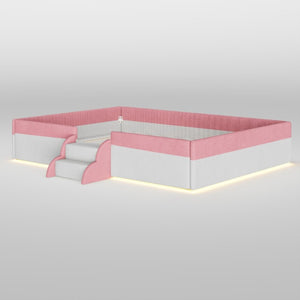 English Elm Full Size Corduroy Floor Bed with Padded Guardrails Steps and LED Underlighting Pink+White SF000221AAH