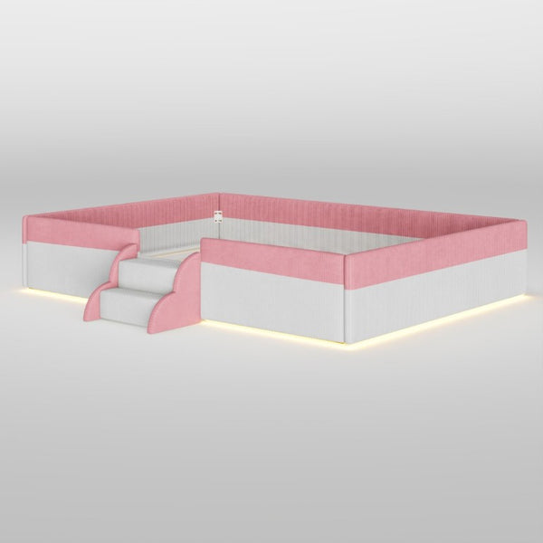 English Elm Full Size Corduroy Floor Bed with Padded Guardrails Steps and LED Underlighting Pink+White SF000221AAH