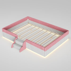English Elm Full Size Corduroy Floor Bed with Padded Guardrails Steps and LED Underlighting Pink+White SF000221AAH