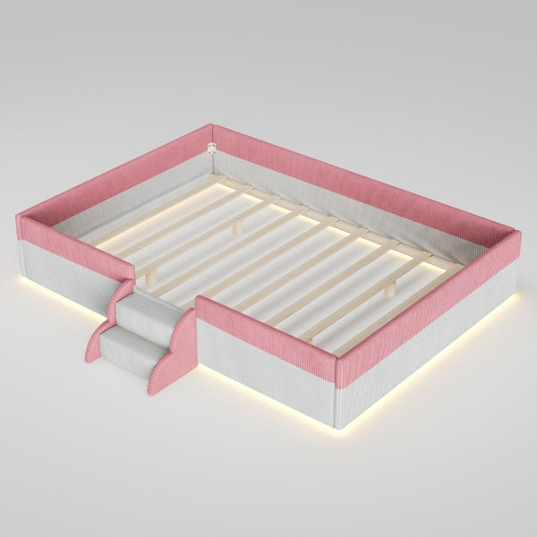 English Elm Full Size Corduroy Floor Bed with Padded Guardrails Steps and LED Underlighting Pink+White SF000221AAH